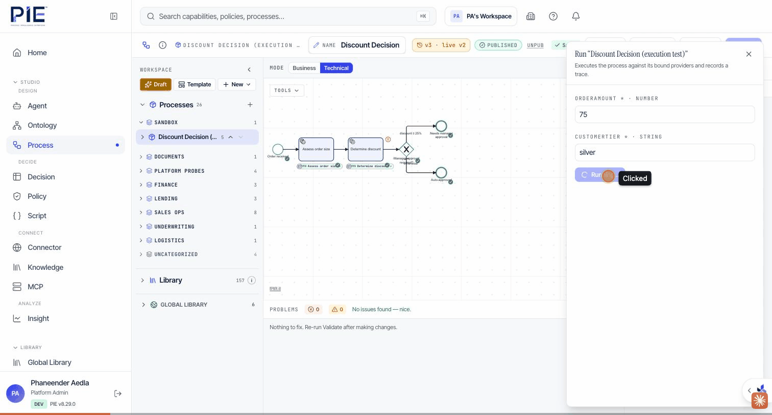 Animated synthetic PIE execution trace showing an approved decision workflow running